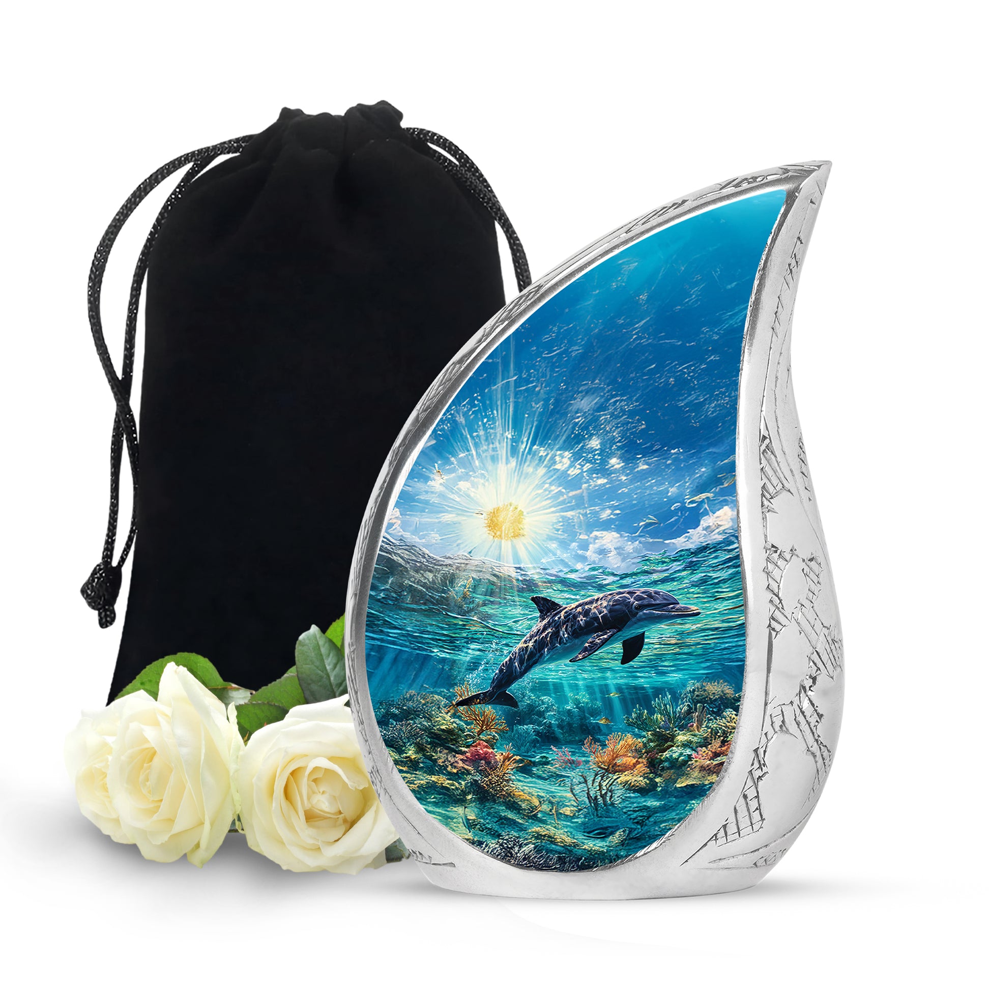 Misty Blue Dolphin Cremation Urn front view showing detailed design - rounded teardrop dolphin design with delicate detail - full-size 10 inch 200 cubic inch adult cremation urn