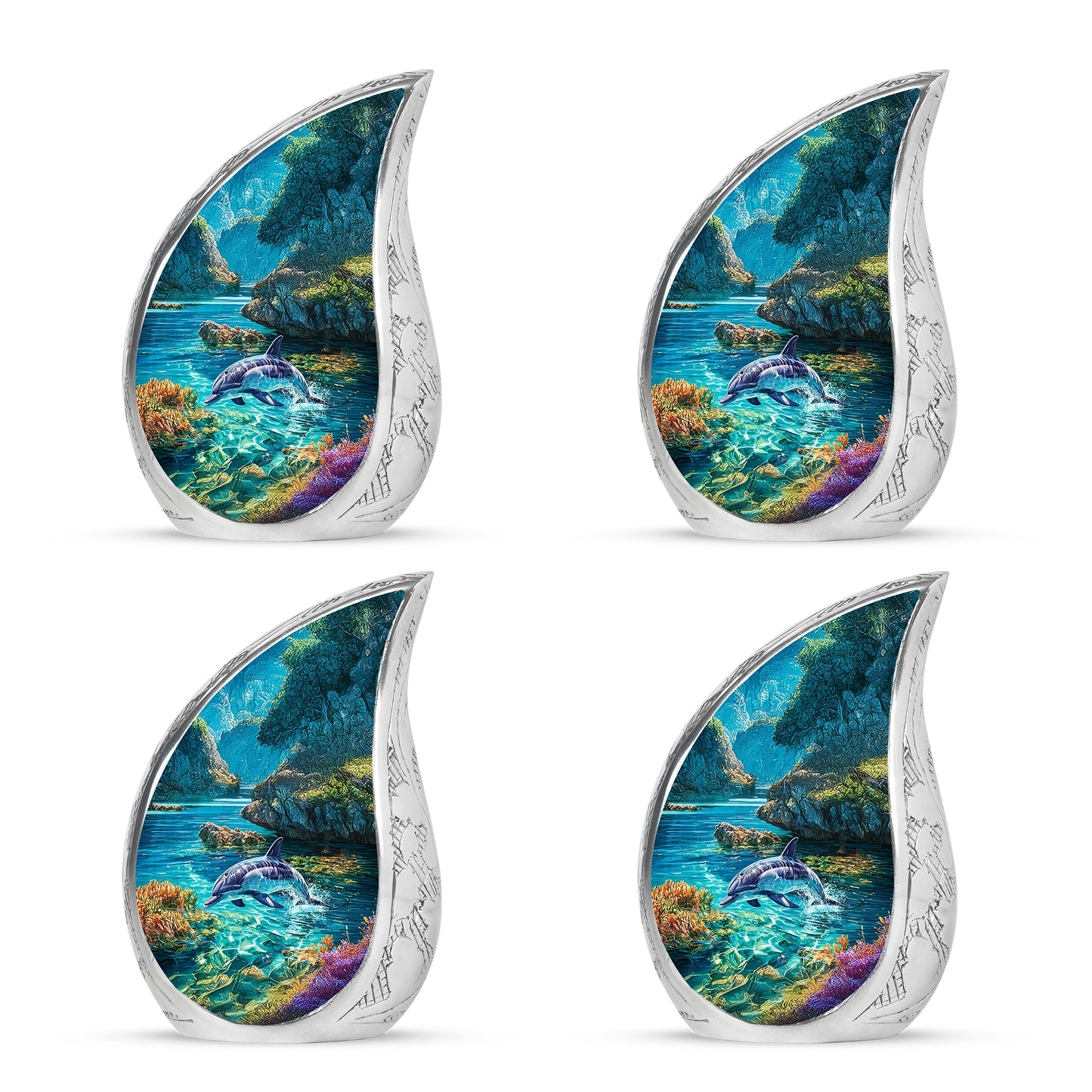 Mint Green Dolphin Cremation Urn close-up of engraving and surface detail - smooth teardrop contour featuring dolphin art - 10 inch aluminum urn for cremated remains