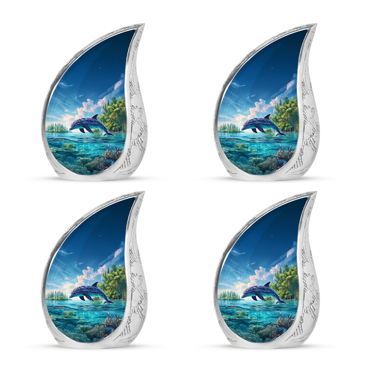 Steel Blue Dolphin Cremation Urn close-up of engraving and surface detail - graceful tear-shaped urn with dolphin motif - 10 inch aluminum urn for cremated remains