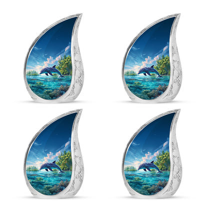 Steel Blue Dolphin Cremation Urn close-up of engraving and surface detail - graceful tear-shaped urn with dolphin motif - 10 inch aluminum urn for cremated remains