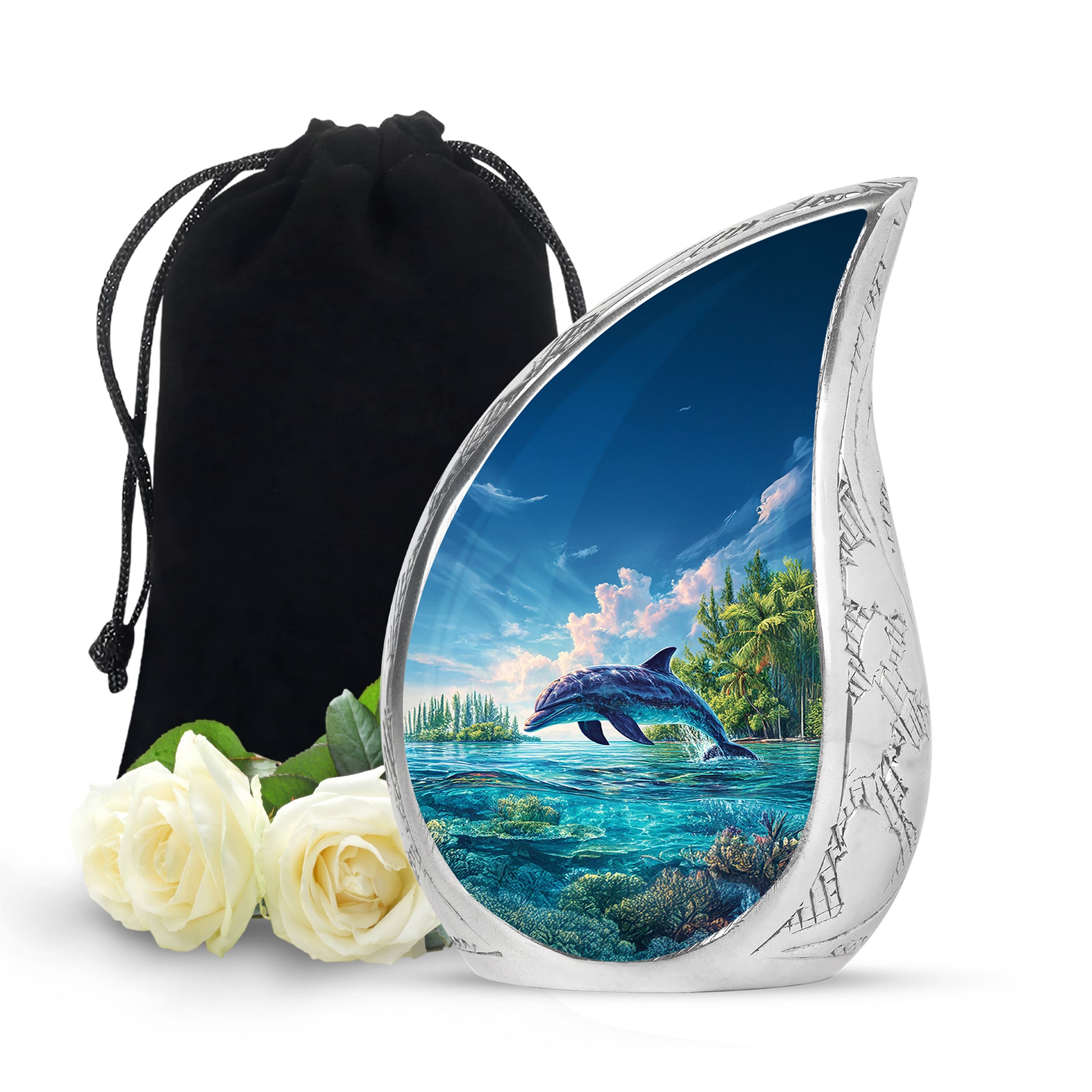Twilight Blue Dolphin Cremation Urn front view showing detailed design - smooth teardrop contour featuring dolphin art - full-size 10 inch 200 cubic inch adult cremation urn