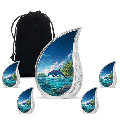 Royal Blue Dolphin Cremation Urn side profile showing urn shape - graceful tear-shaped urn with dolphin motif - memorial set with one large and four small urns