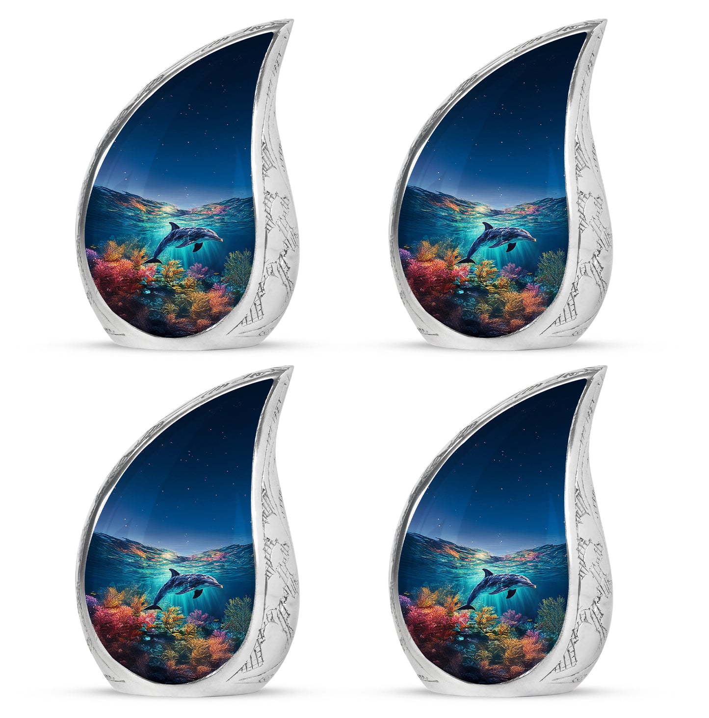Twilight Blue Dolphin Cremation Urn close-up of engraving and surface detail - smooth teardrop contour featuring dolphin art - 10 inch aluminum urn for cremated remains