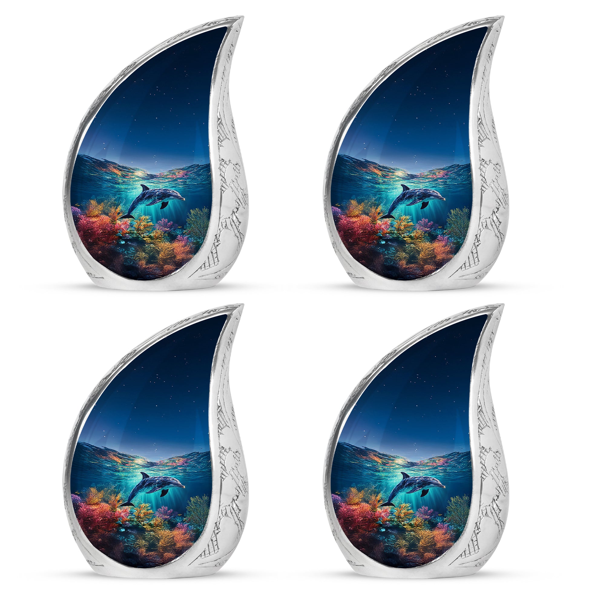 Twilight Blue Dolphin Cremation Urn close-up of engraving and surface detail - smooth teardrop contour featuring dolphin art - 10 inch aluminum urn for cremated remains