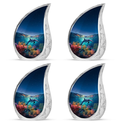 Twilight Blue Dolphin Cremation Urn close-up of engraving and surface detail - smooth teardrop contour featuring dolphin art - 10 inch aluminum urn for cremated remains