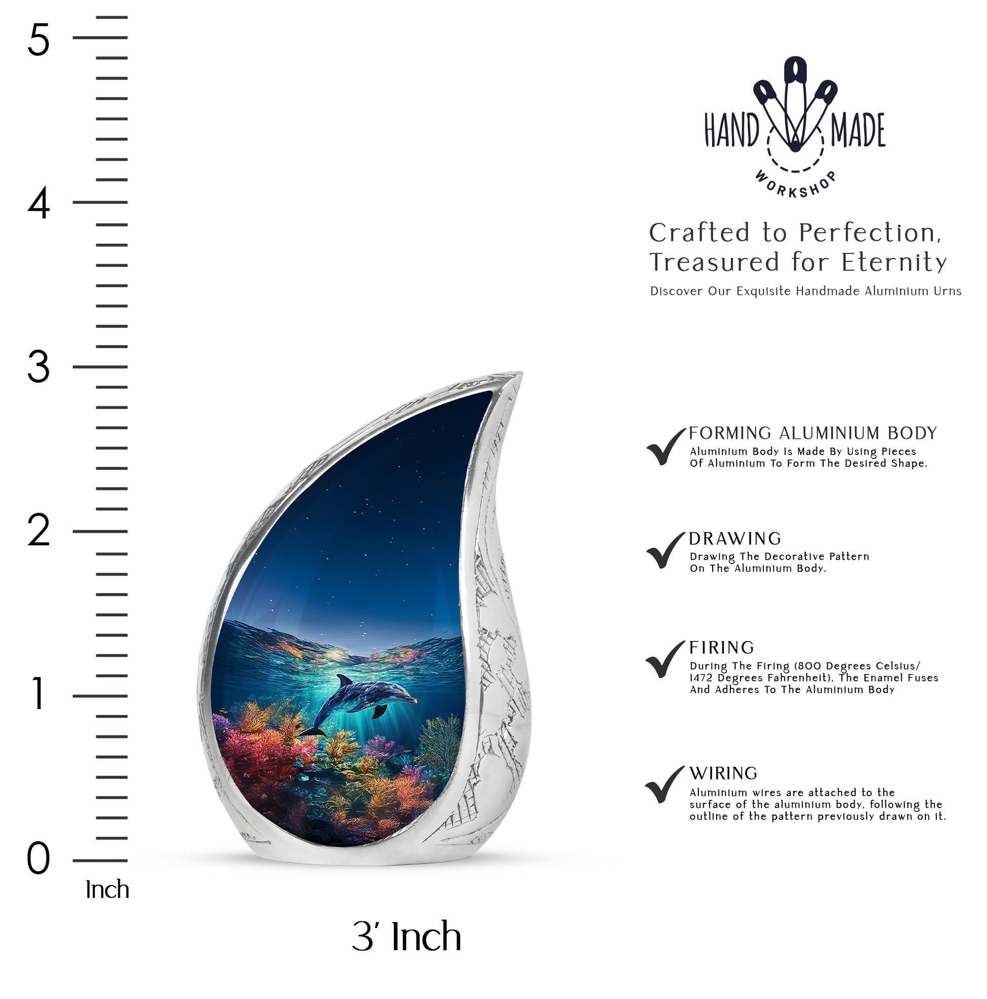 Slate Blue Dolphin Cremation Urn angled view of lid and engraved motif - flowing teardrop dolphin silhouette on curved aluminum - mini keepsake memorial for portion of cremation ashes