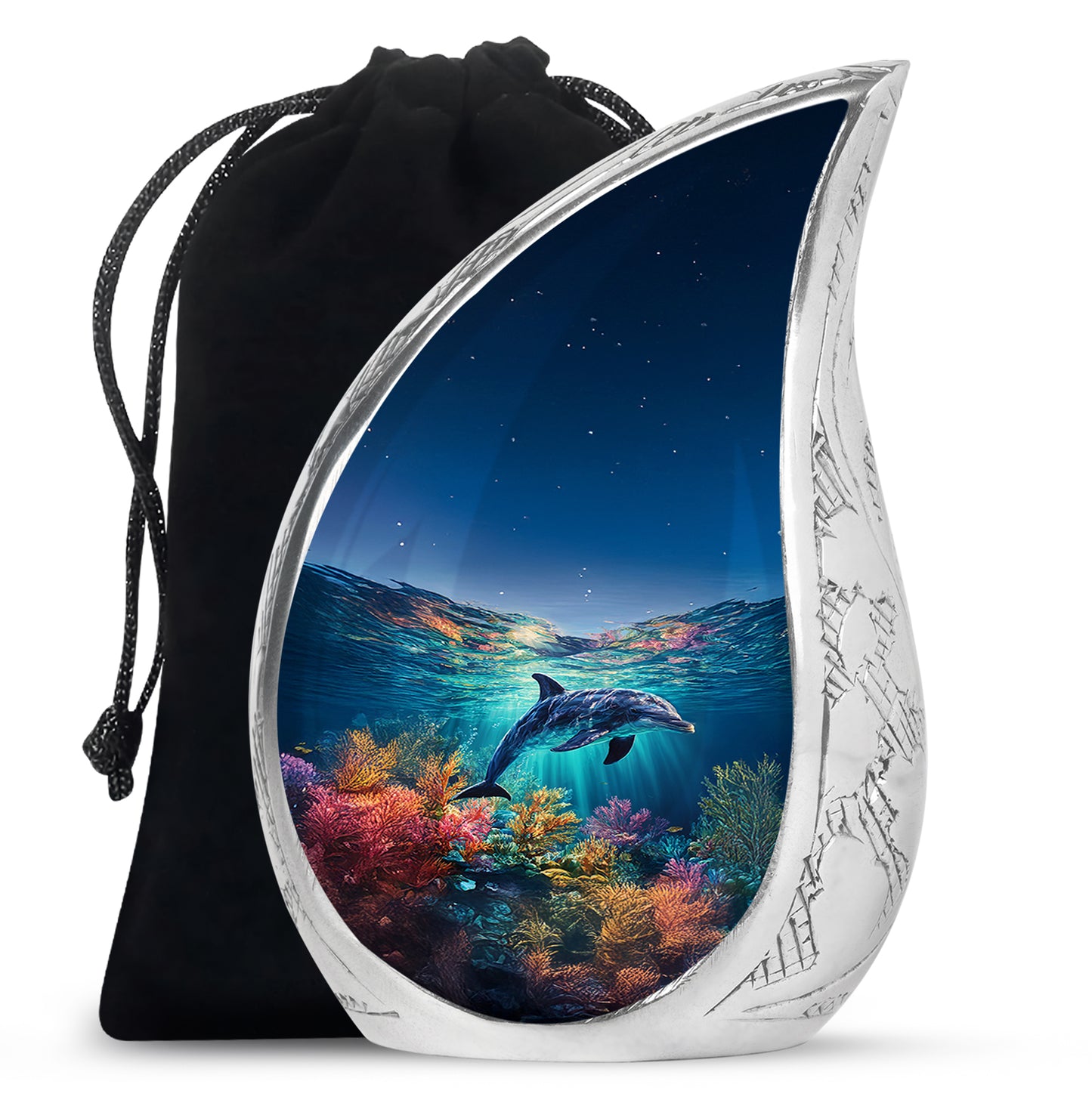 Serene Blue Dolphin Cremation Urn front view showing detailed design - graceful tear-shaped urn with dolphin motif - full-size 10 inch 200 cubic inch adult cremation urn