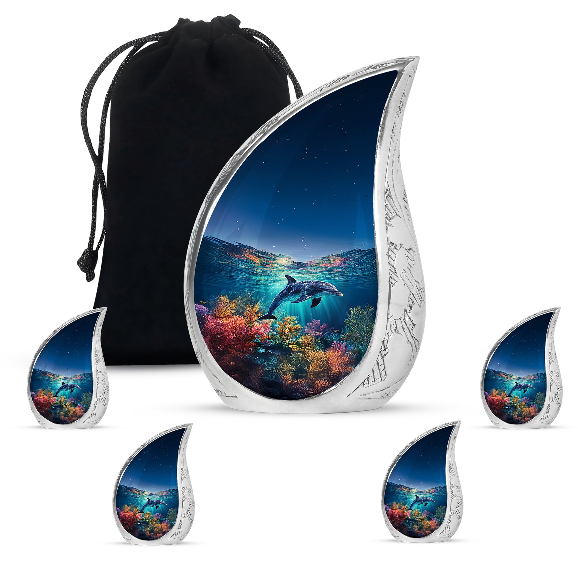 Navy Blue Dolphin Cremation Urn side profile showing urn shape - rounded teardrop dolphin design with delicate detail - memorial set with one large and four small urns