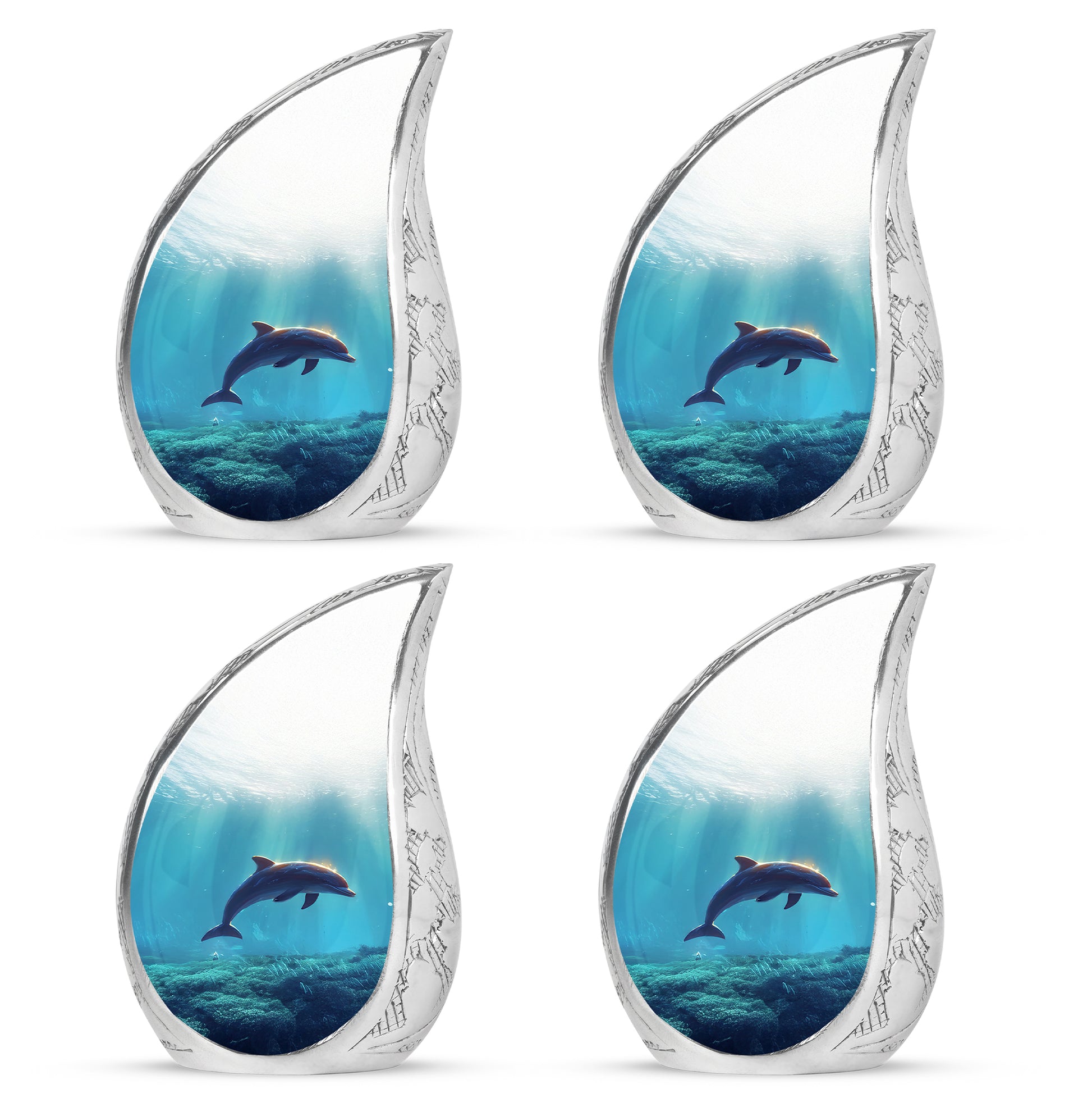 Sterling Silver Dolphin Cremation Urn close-up of engraving and surface detail - flowing teardrop dolphin silhouette on curved aluminum - 10 inch aluminum urn for cremated remains