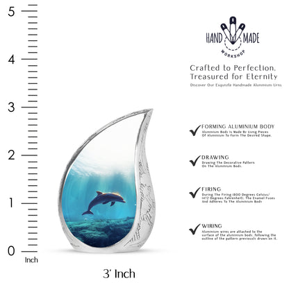 Sterling Silver Dolphin Cremation Urn angled view of lid and engraved motif - rounded teardrop dolphin design with delicate detail - mini keepsake memorial for portion of cremation ashes