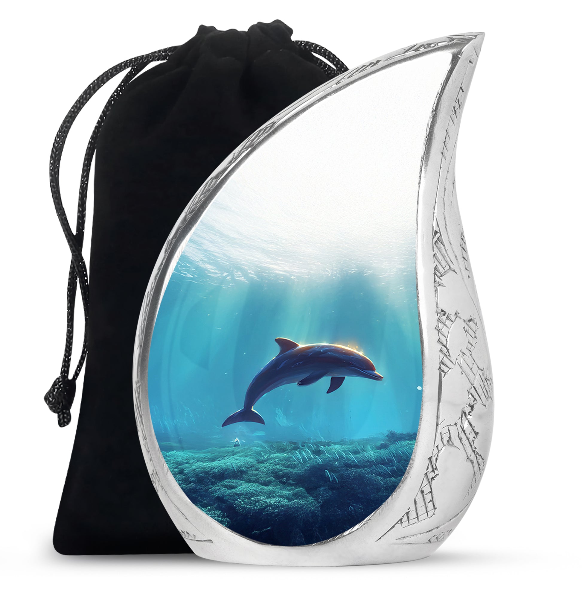 Platinum Silver Dolphin Cremation Urn front view showing detailed design - rounded teardrop dolphin design with delicate detail - full-size 10 inch 200 cubic inch adult cremation urn