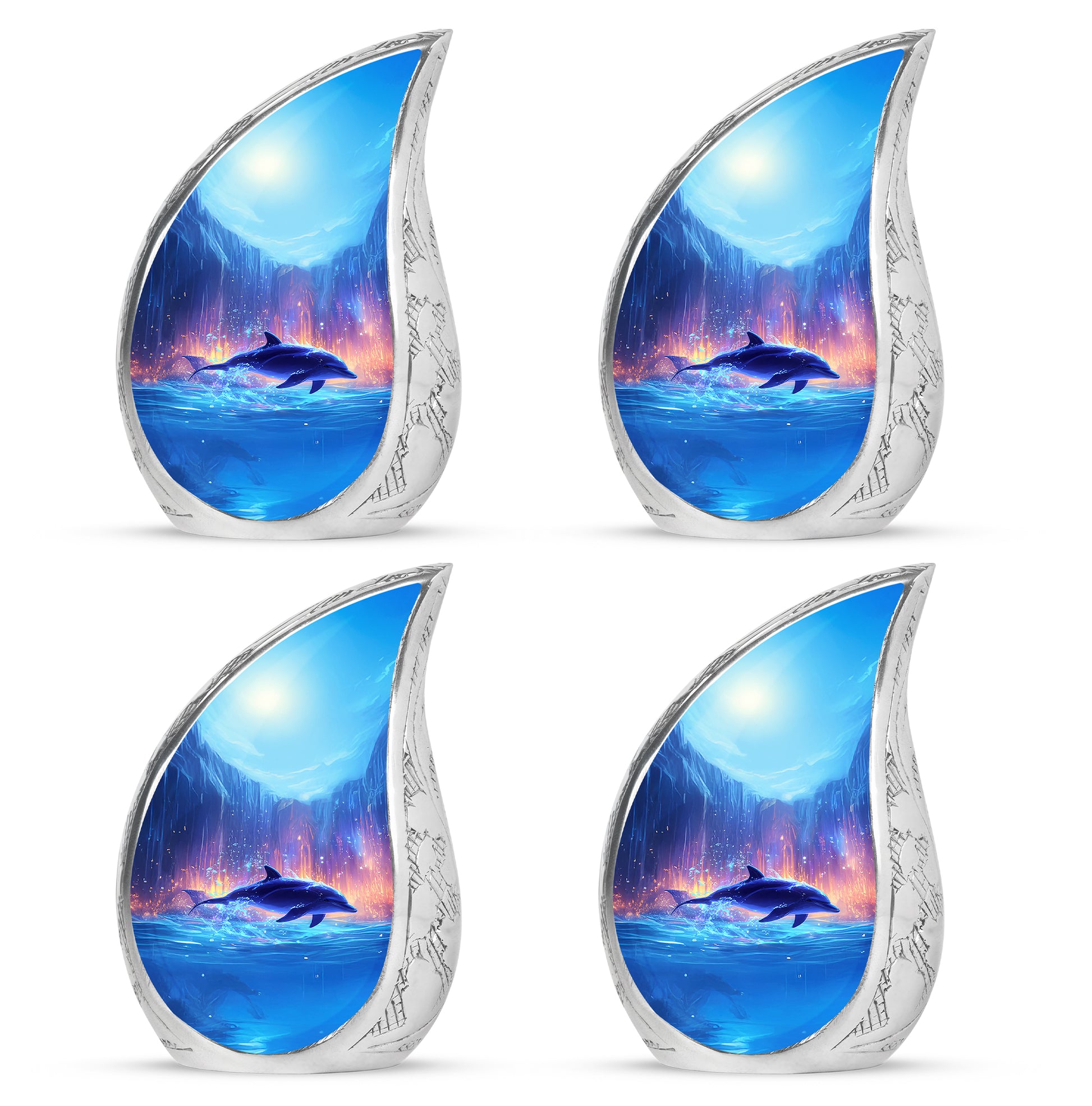 Celestial Blue Dolphin Cremation Urn close-up of engraving and surface detail - flowing teardrop dolphin silhouette on curved aluminum - 10 inch aluminum urn for cremated remains