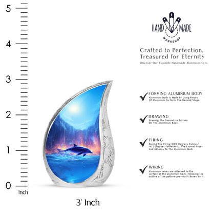 Steel Blue Dolphin Cremation Urn angled view of lid and engraved motif - graceful tear-shaped urn with dolphin motif - mini keepsake memorial for portion of cremation ashes