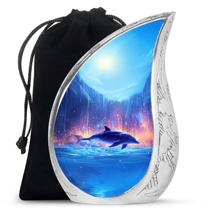 Calming Blue Dolphin Cremation Urn front view showing detailed design - graceful tear-shaped urn with dolphin motif - full-size 10 inch 200 cubic inch adult cremation urn