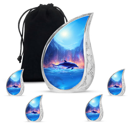 Soft Blue Dolphin Cremation Urn side profile showing urn shape - graceful tear-shaped urn with dolphin motif - memorial set with one large and four small urns