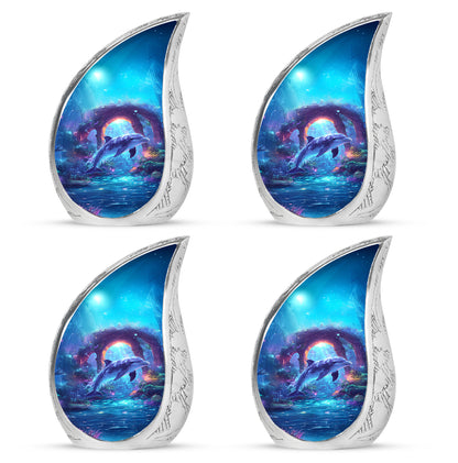 Twilight Blue Dolphin Cremation Urn close-up of engraving and surface detail - graceful tear-shaped urn with dolphin motif - 10 inch aluminum urn for cremated remains