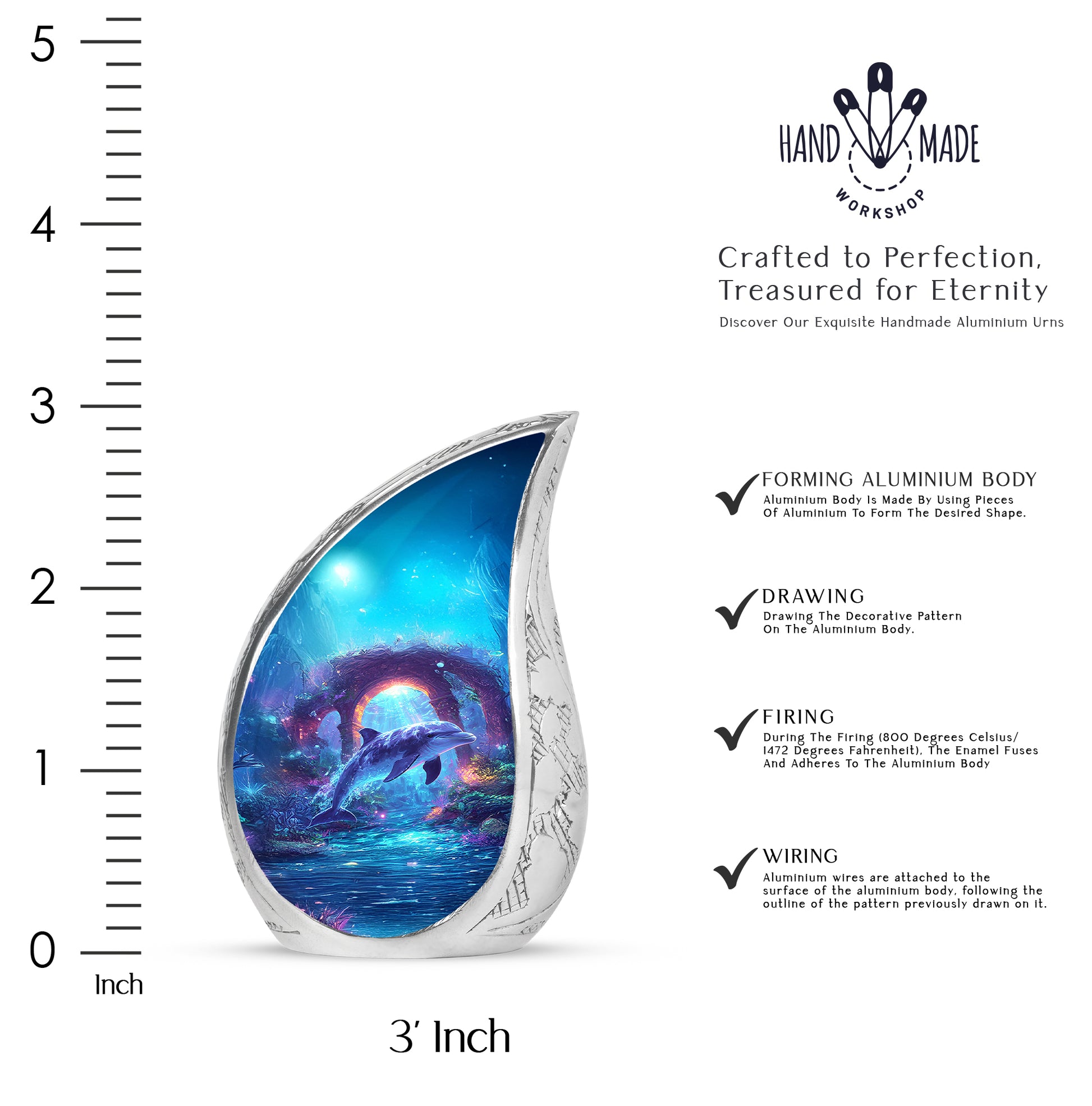 Celestial Blue Dolphin Cremation Urn angled view of lid and engraved motif - flowing teardrop dolphin silhouette on curved aluminum - mini keepsake memorial for portion of cremation ashes