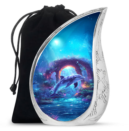 Misty Blue Dolphin Cremation Urn front view showing detailed design - flowing teardrop dolphin silhouette on curved aluminum - full-size 10 inch 200 cubic inch adult cremation urn