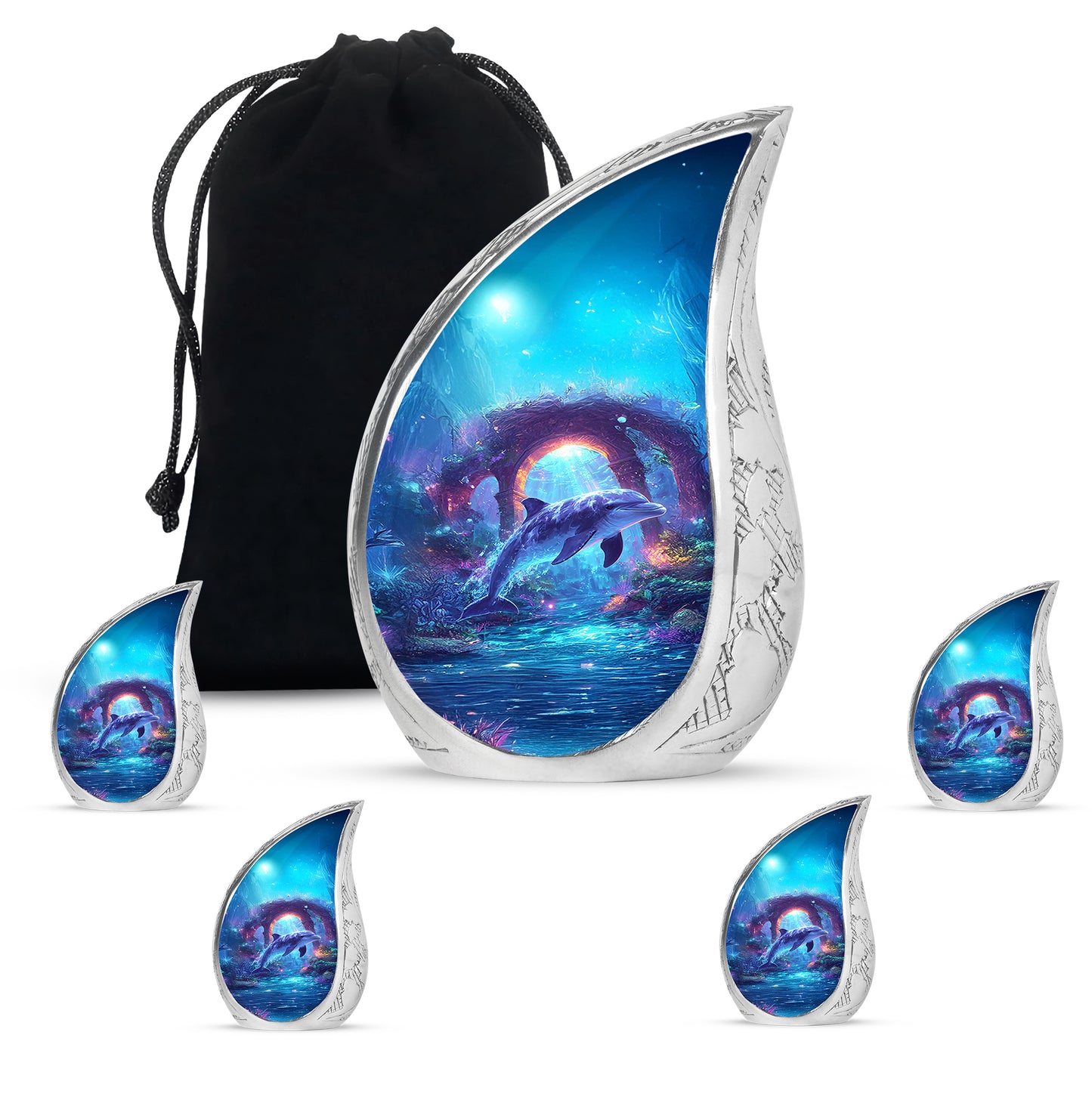 Calming Blue Dolphin Cremation Urn side profile showing urn shape - graceful tear-shaped urn with dolphin motif - memorial set with one large and four small urns