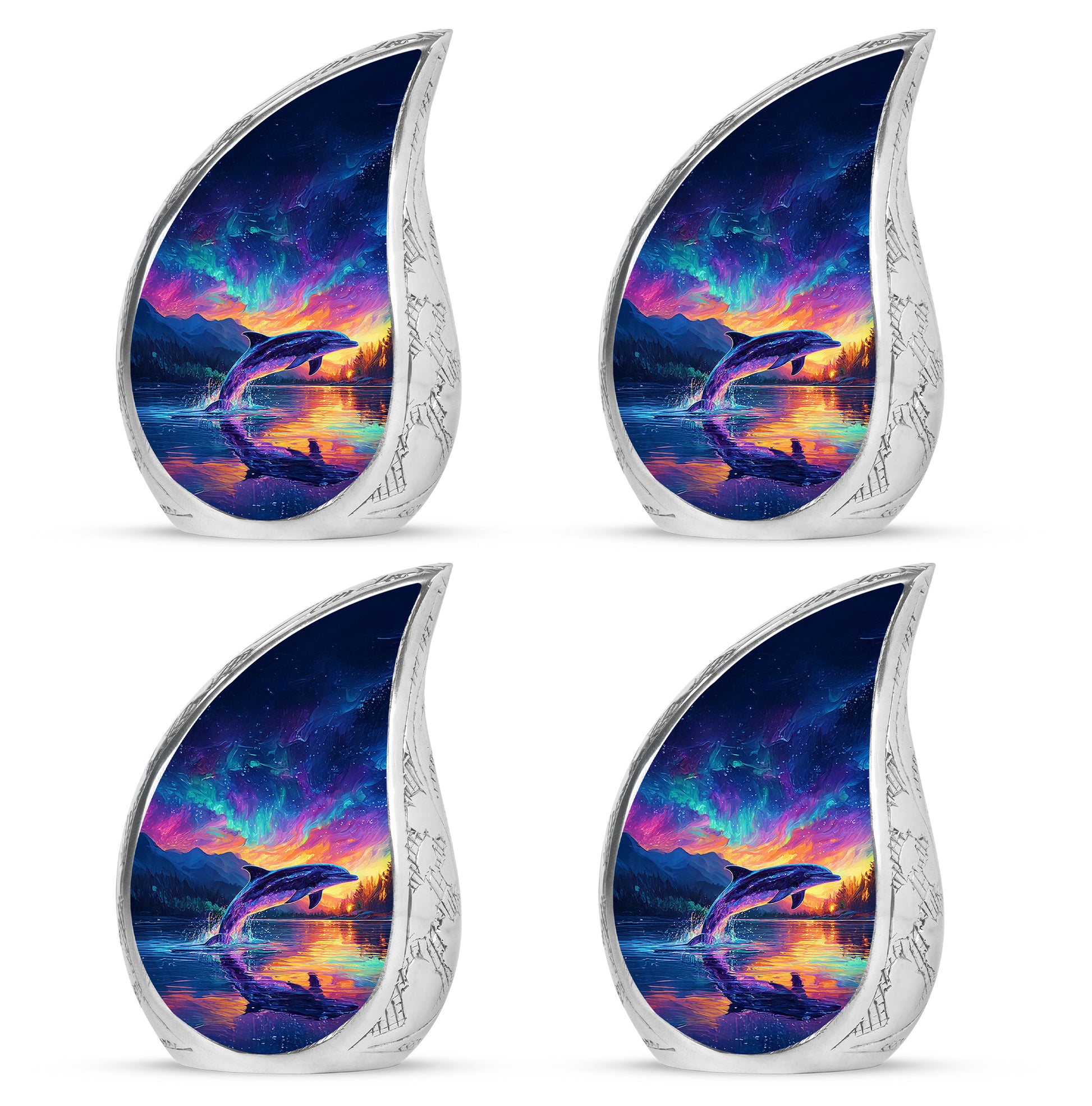 Serene Blue Dolphin Cremation Urn close-up of engraving and surface detail - graceful tear-shaped urn with dolphin motif - 10 inch aluminum urn for cremated remains