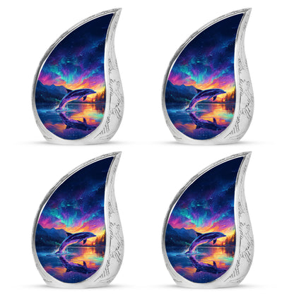 Serene Blue Dolphin Cremation Urn close-up of engraving and surface detail - graceful tear-shaped urn with dolphin motif - 10 inch aluminum urn for cremated remains
