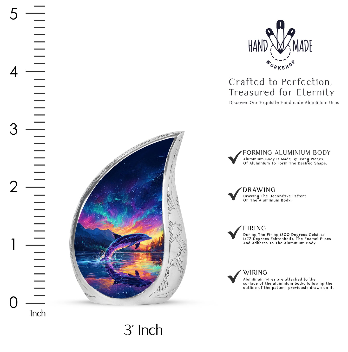 Icy Blue Dolphin Cremation Urn angled view of lid and engraved motif - rounded teardrop dolphin design with delicate detail - mini keepsake memorial for portion of cremation ashes
