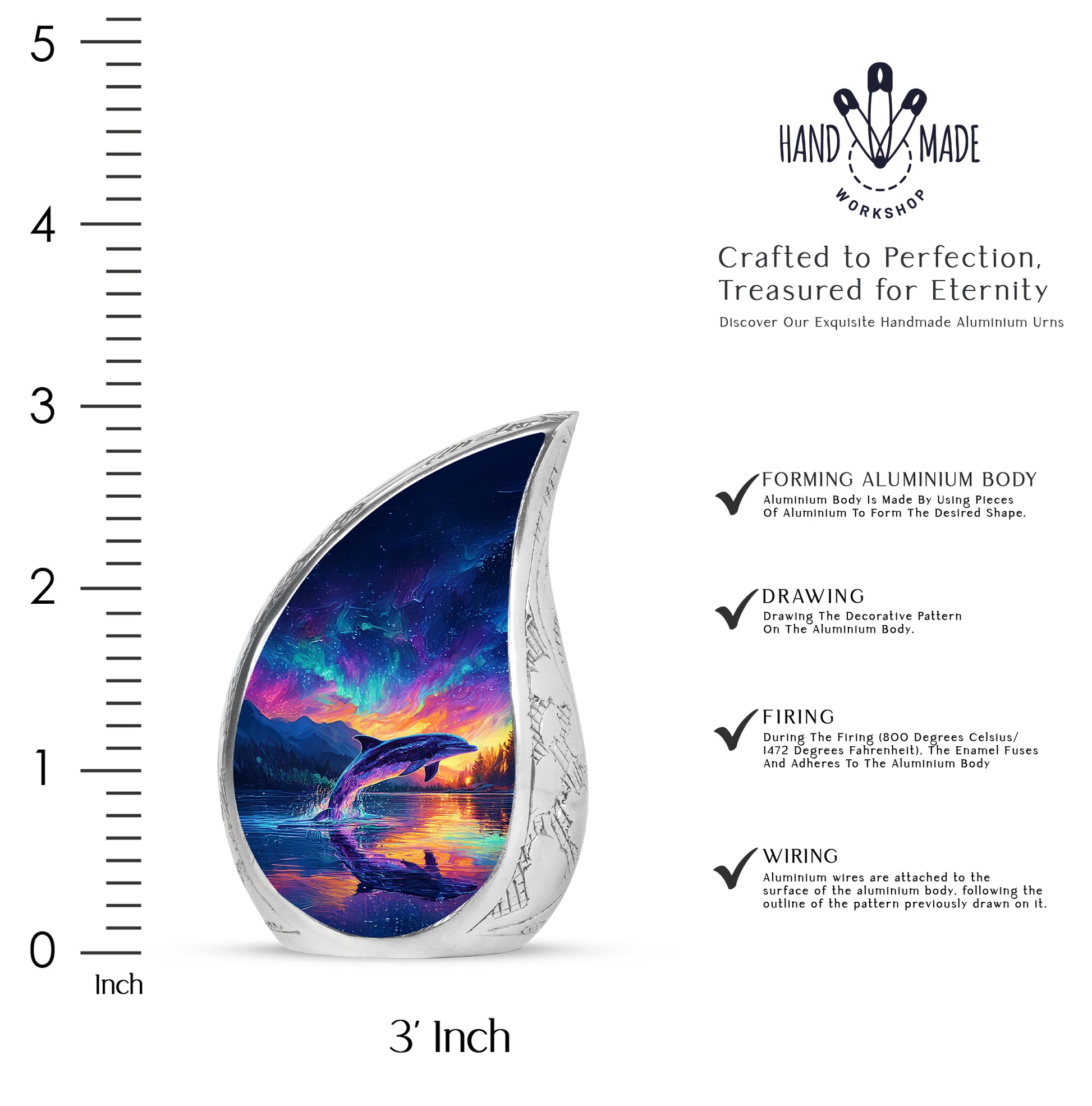 Icy Blue Dolphin Cremation Urn angled view of lid and engraved motif - rounded teardrop dolphin design with delicate detail - mini keepsake memorial for portion of cremation ashes
