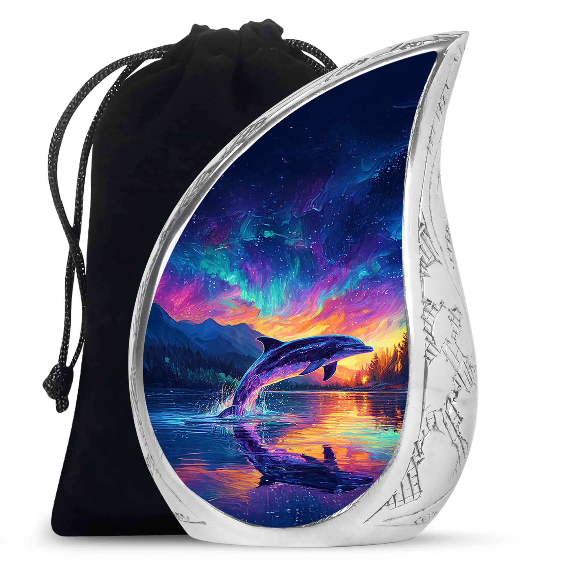 Royal Blue Dolphin Cremation Urn front view showing detailed design - smooth teardrop contour featuring dolphin art - full-size 10 inch 200 cubic inch adult cremation urn