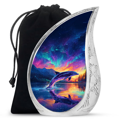 Royal Blue Dolphin Cremation Urn front view showing detailed design - smooth teardrop contour featuring dolphin art - full-size 10 inch 200 cubic inch adult cremation urn