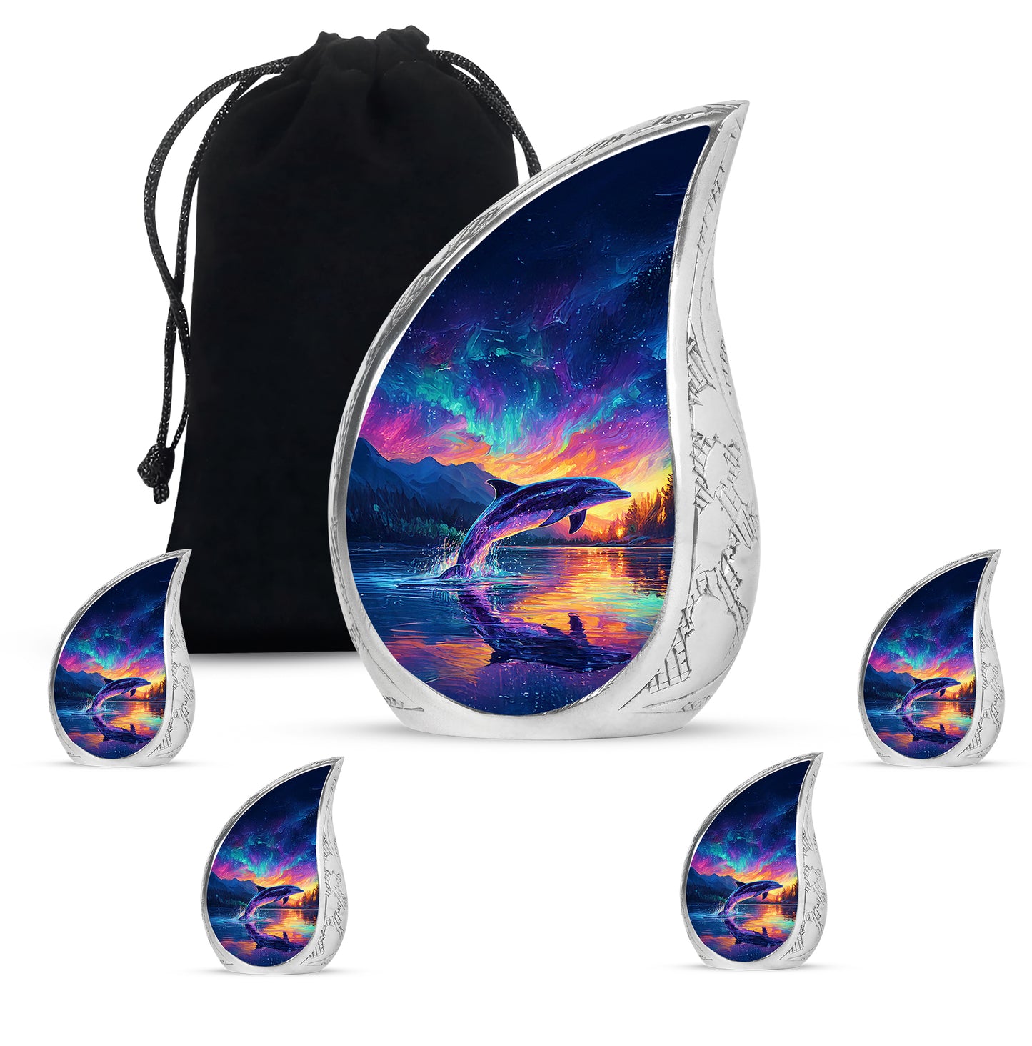 Navy Blue Dolphin Cremation Urn side profile showing urn shape - flowing teardrop dolphin silhouette on curved aluminum - memorial set with one large and four small urns