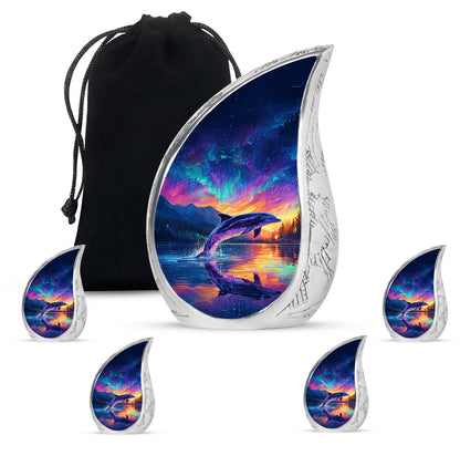 Navy Blue Dolphin Cremation Urn side profile showing urn shape - flowing teardrop dolphin silhouette on curved aluminum - memorial set with one large and four small urns