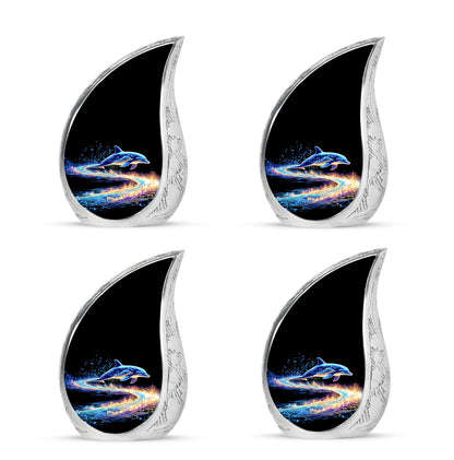 Obsidian Black Dolphin Cremation Urn close-up of engraving and surface detail - smooth teardrop contour featuring dolphin art - 10 inch aluminum urn for cremated remains