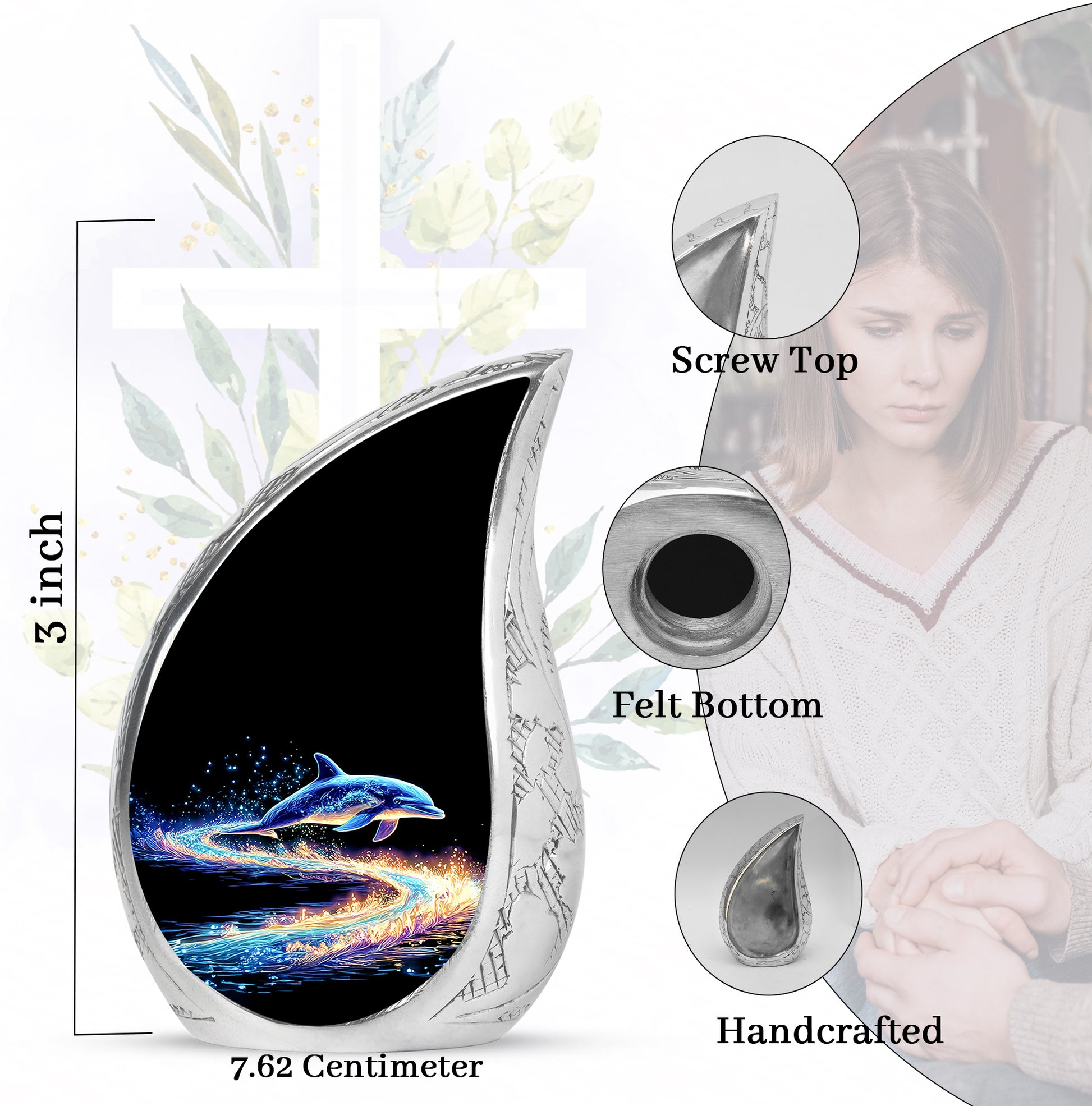Jet Black Dolphin Cremation Urn angled view of lid and engraved motif - flowing teardrop dolphin silhouette on curved aluminum - mini keepsake memorial for portion of cremation ashes