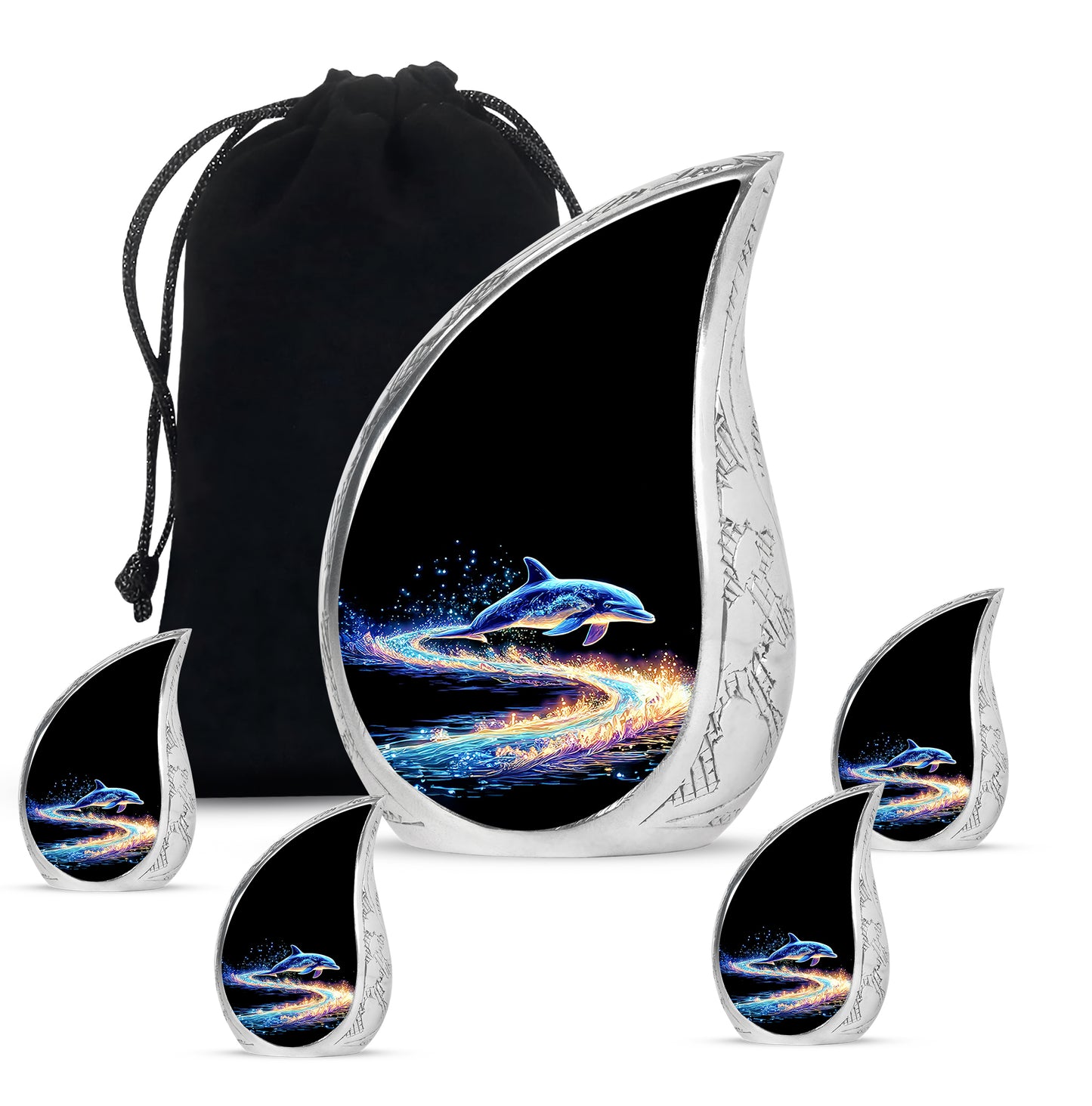 Deep Black Dolphin Cremation Urn side profile showing urn shape - flowing teardrop dolphin silhouette on curved aluminum - memorial set with one large and four small urns