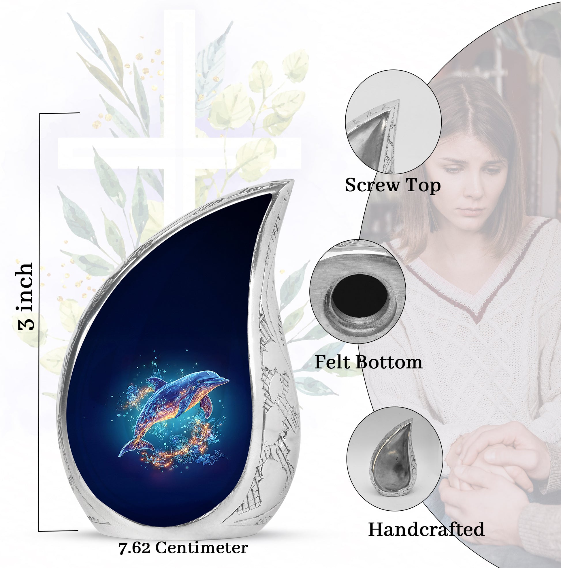 Sky Blue Dolphin Cremation Urn angled view of lid and engraved motif - flowing teardrop dolphin silhouette on curved aluminum - mini keepsake memorial for portion of cremation ashes
