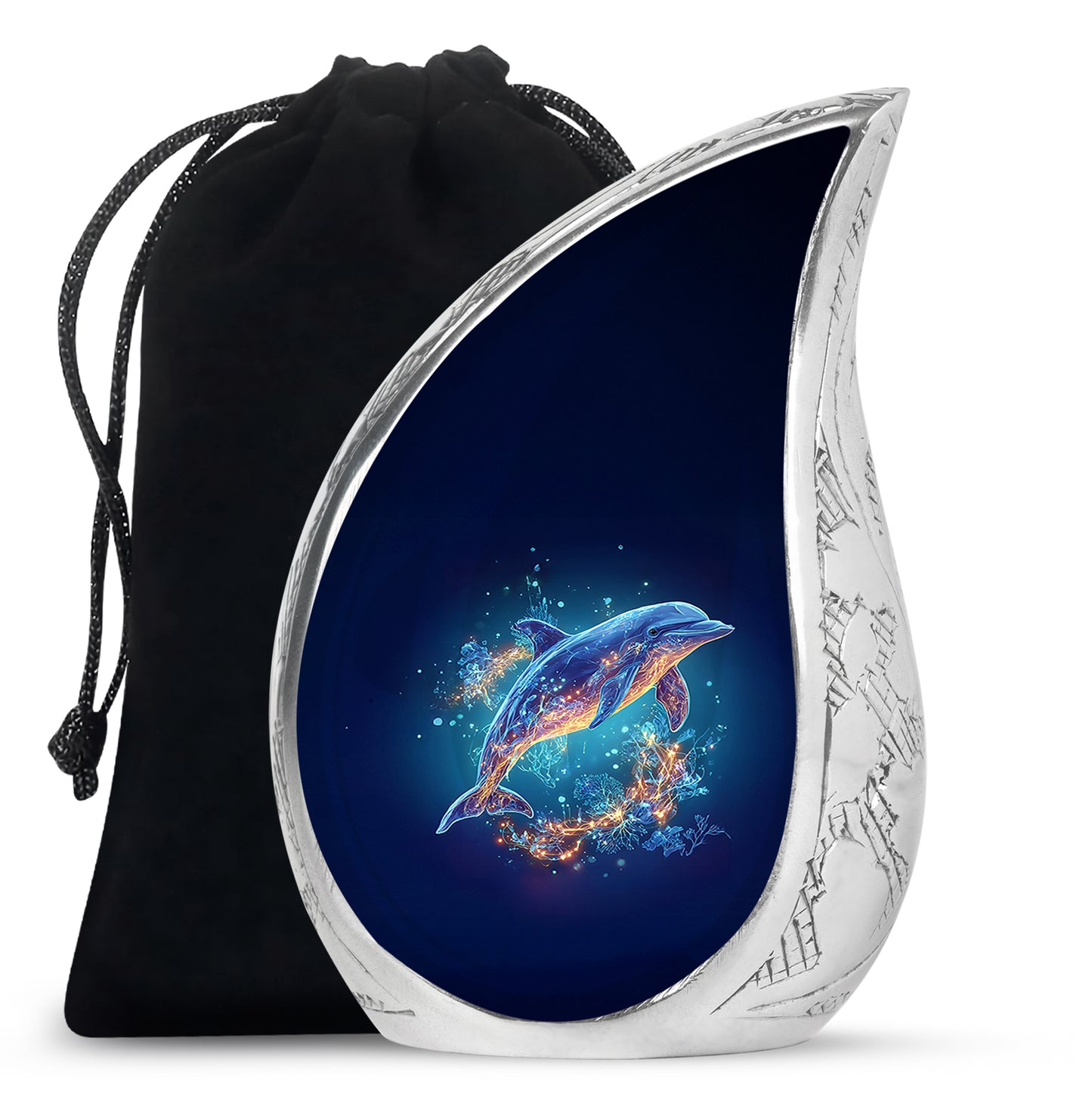 Soft Blue Dolphin Cremation Urn front view showing detailed design - graceful tear-shaped urn with dolphin motif - full-size 10 inch 200 cubic inch adult cremation urn