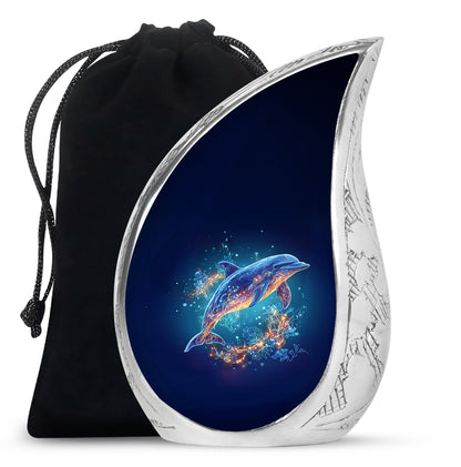 Soft Blue Dolphin Cremation Urn front view showing detailed design - graceful tear-shaped urn with dolphin motif - full-size 10 inch 200 cubic inch adult cremation urn