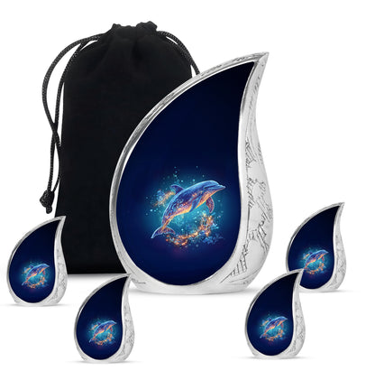 Bright Blue Dolphin Cremation Urn side profile showing urn shape - smooth teardrop contour featuring dolphin art - memorial set with one large and four small urns