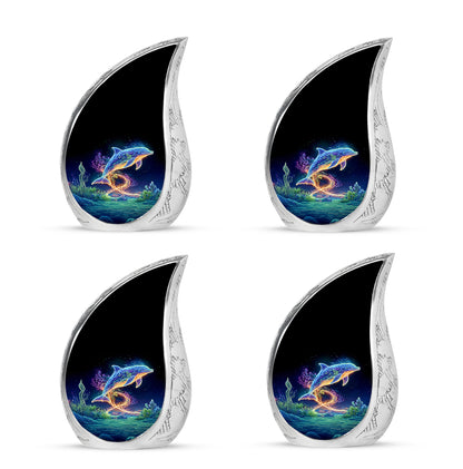 Dark Black Dolphin Cremation Urn close-up of engraving and surface detail - graceful tear-shaped urn with dolphin motif - 10 inch aluminum urn for cremated remains
