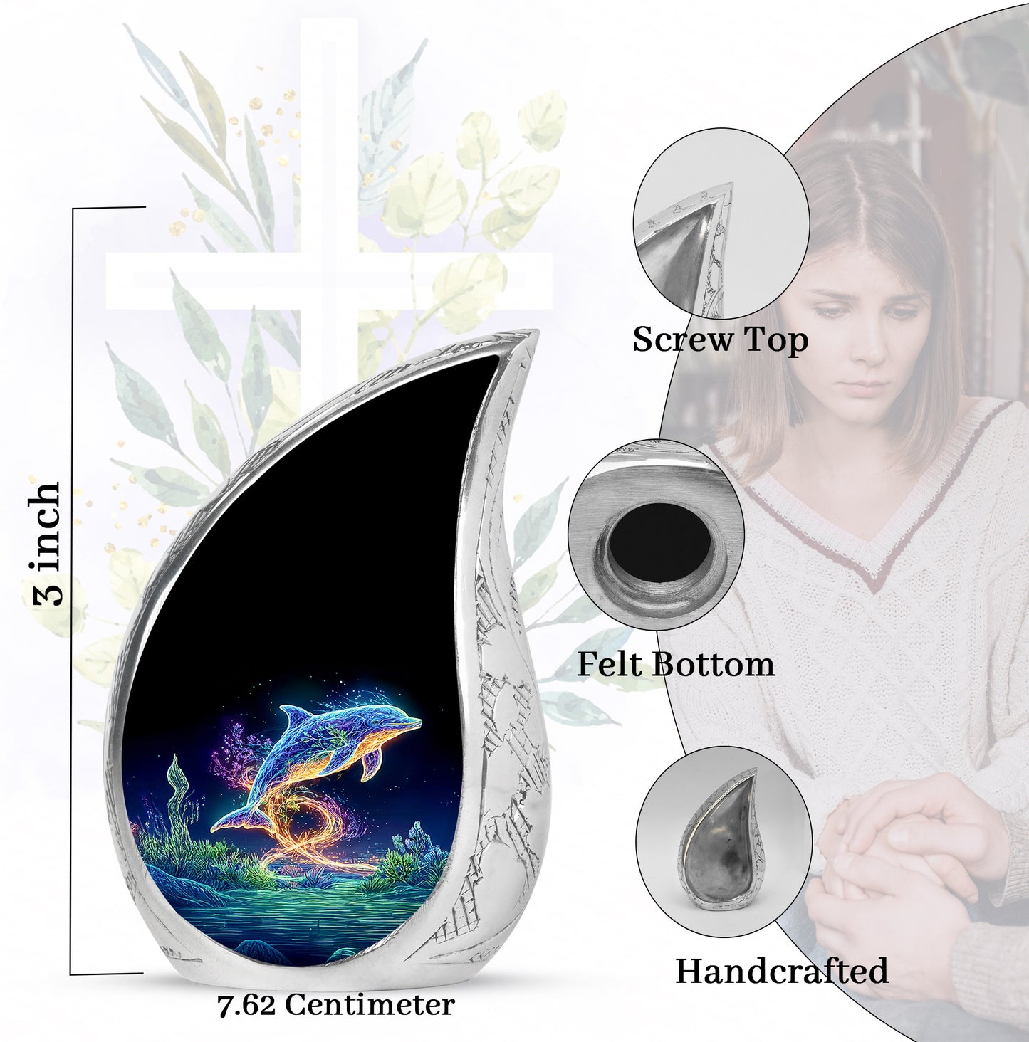 Dark Black Dolphin Cremation Urn angled view of lid and engraved motif - graceful tear-shaped urn with dolphin motif - mini keepsake memorial for portion of cremation ashes