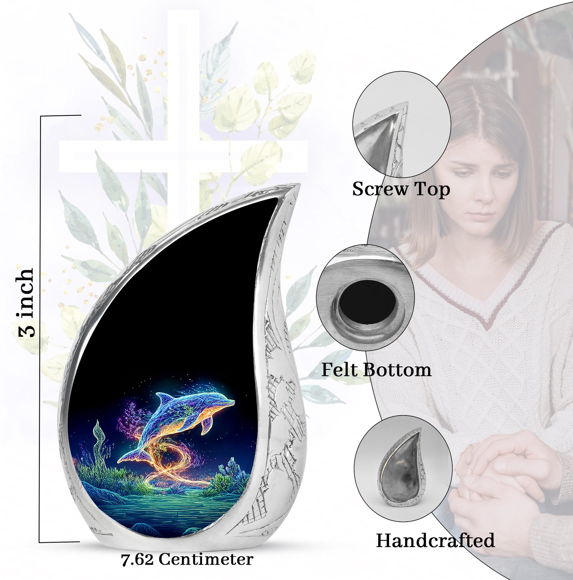 Dark Black Dolphin Cremation Urn angled view of lid and engraved motif - graceful tear-shaped urn with dolphin motif - mini keepsake memorial for portion of cremation ashes