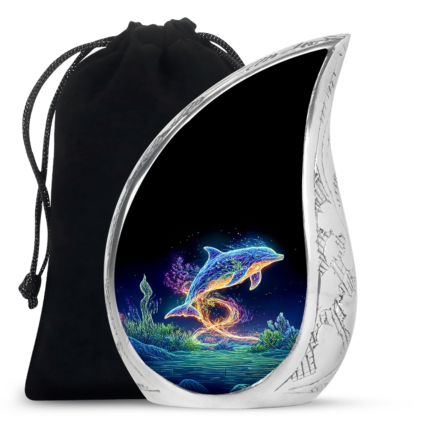 Obsidian Black Dolphin Cremation Urn front view showing detailed design - graceful tear-shaped urn with dolphin motif - full-size 10 inch 200 cubic inch adult cremation urn