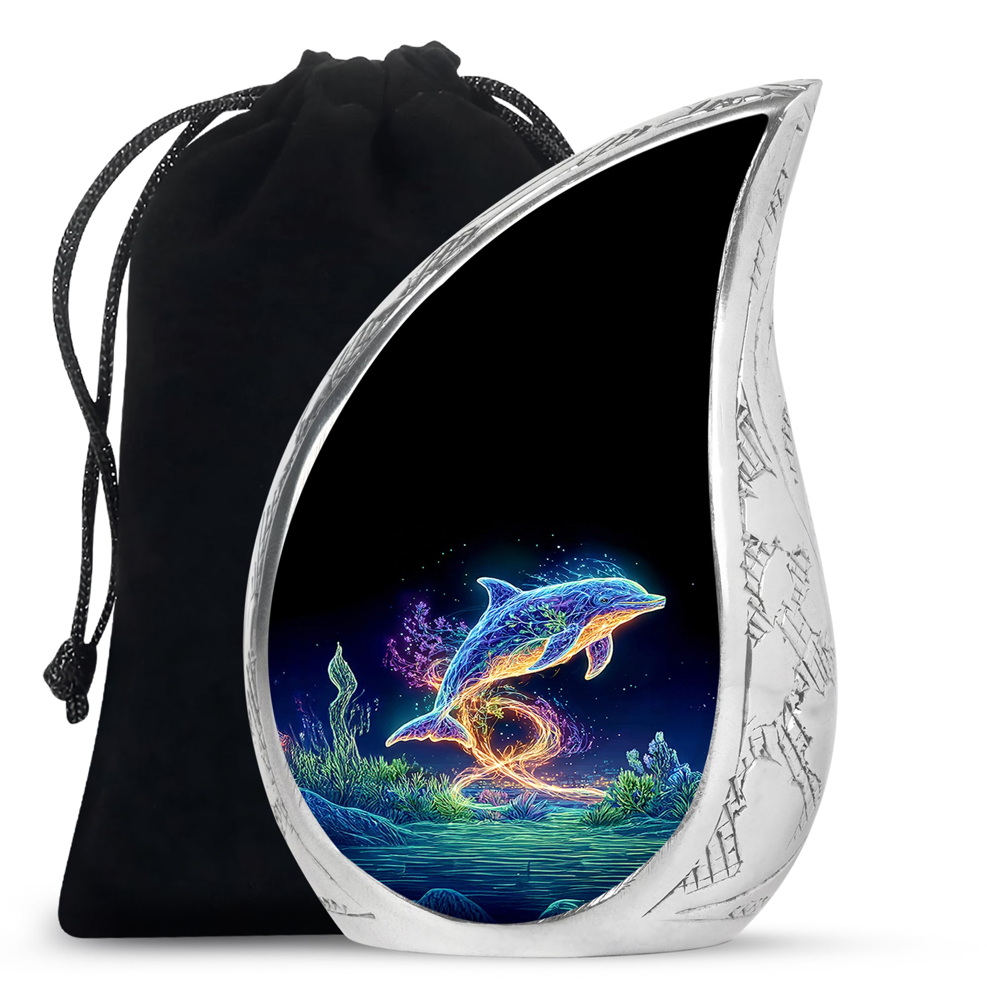 Obsidian Black Dolphin Cremation Urn front view showing detailed design - graceful tear-shaped urn with dolphin motif - full-size 10 inch 200 cubic inch adult cremation urn