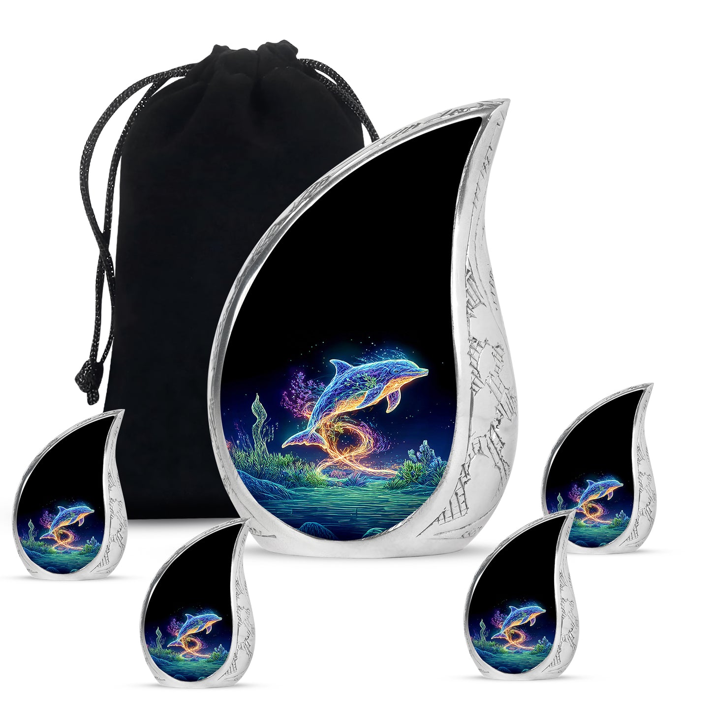 Jet Black Dolphin Cremation Urn side profile showing urn shape - flowing teardrop dolphin silhouette on curved aluminum - memorial set with one large and four small urns