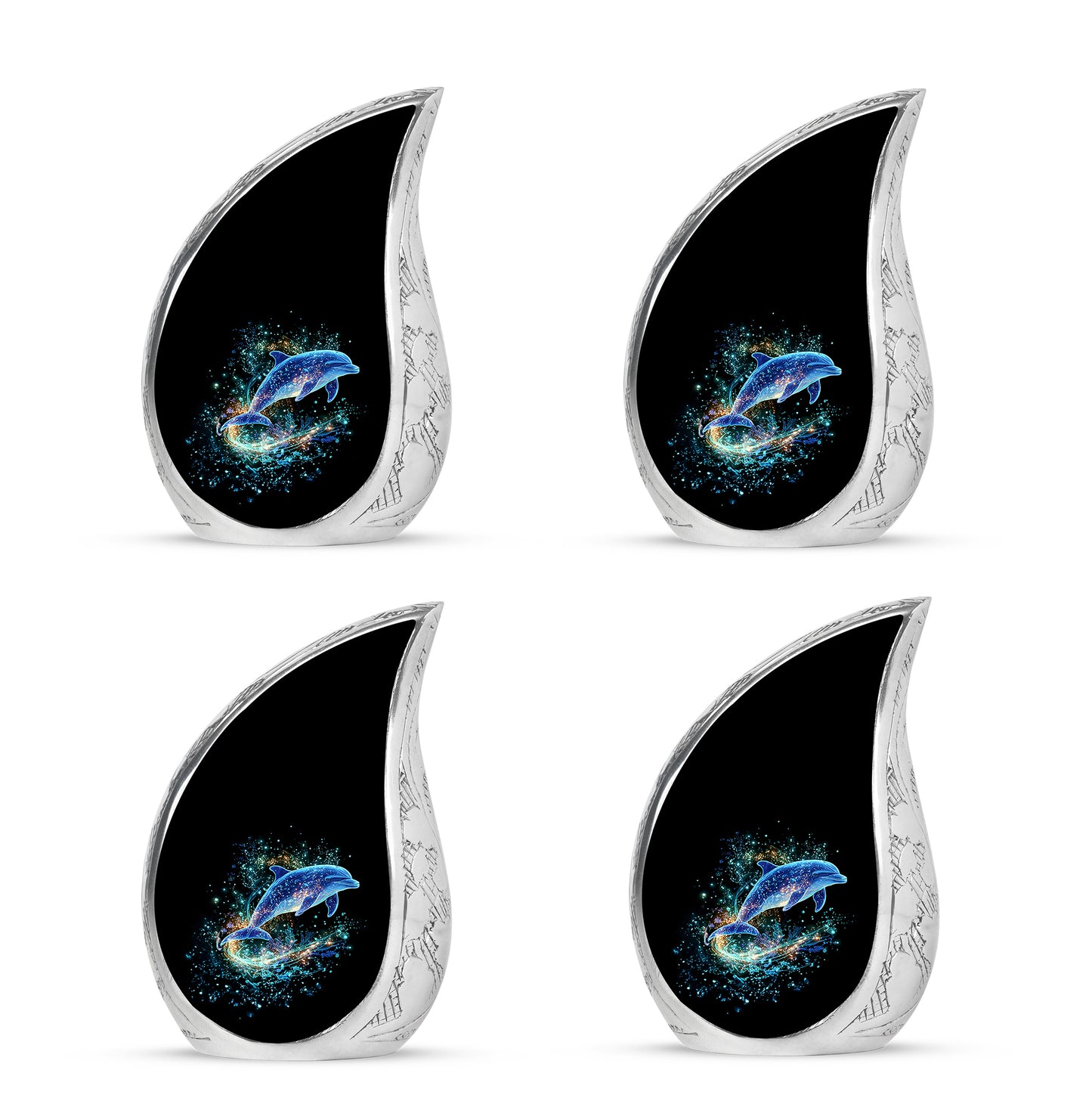 Onyx Black Dolphin Cremation Urn close-up of engraving and surface detail - graceful tear-shaped urn with dolphin motif - 10 inch aluminum urn for cremated remains