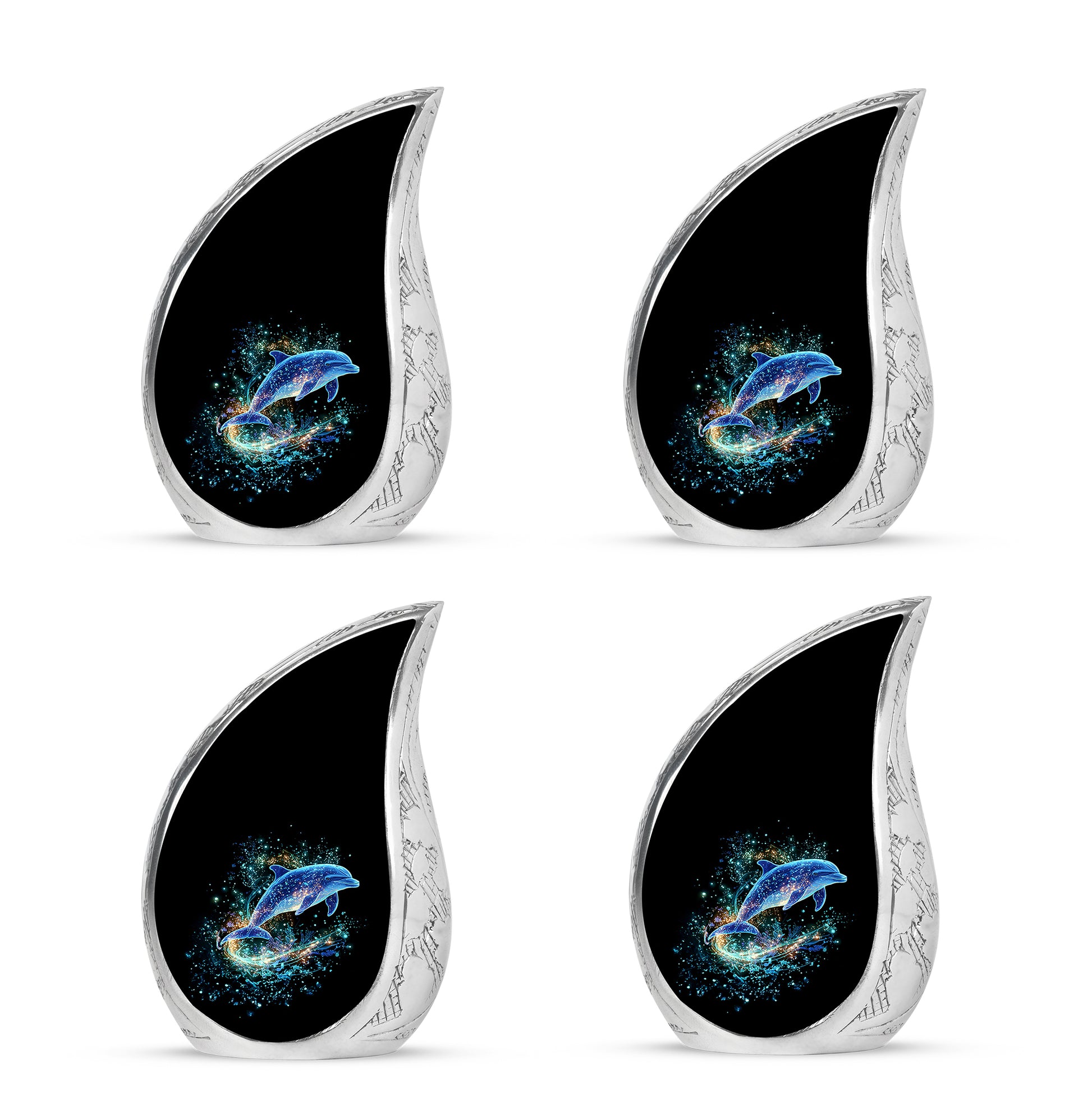 Onyx Black Dolphin Cremation Urn close-up of engraving and surface detail - graceful tear-shaped urn with dolphin motif - 10 inch aluminum urn for cremated remains