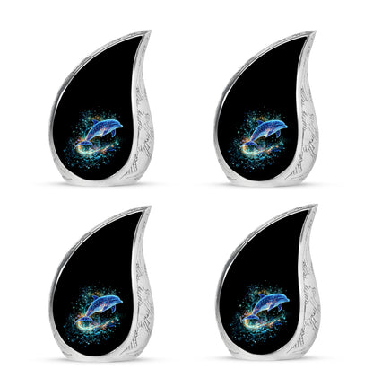 Onyx Black Dolphin Cremation Urn close-up of engraving and surface detail - graceful tear-shaped urn with dolphin motif - 10 inch aluminum urn for cremated remains