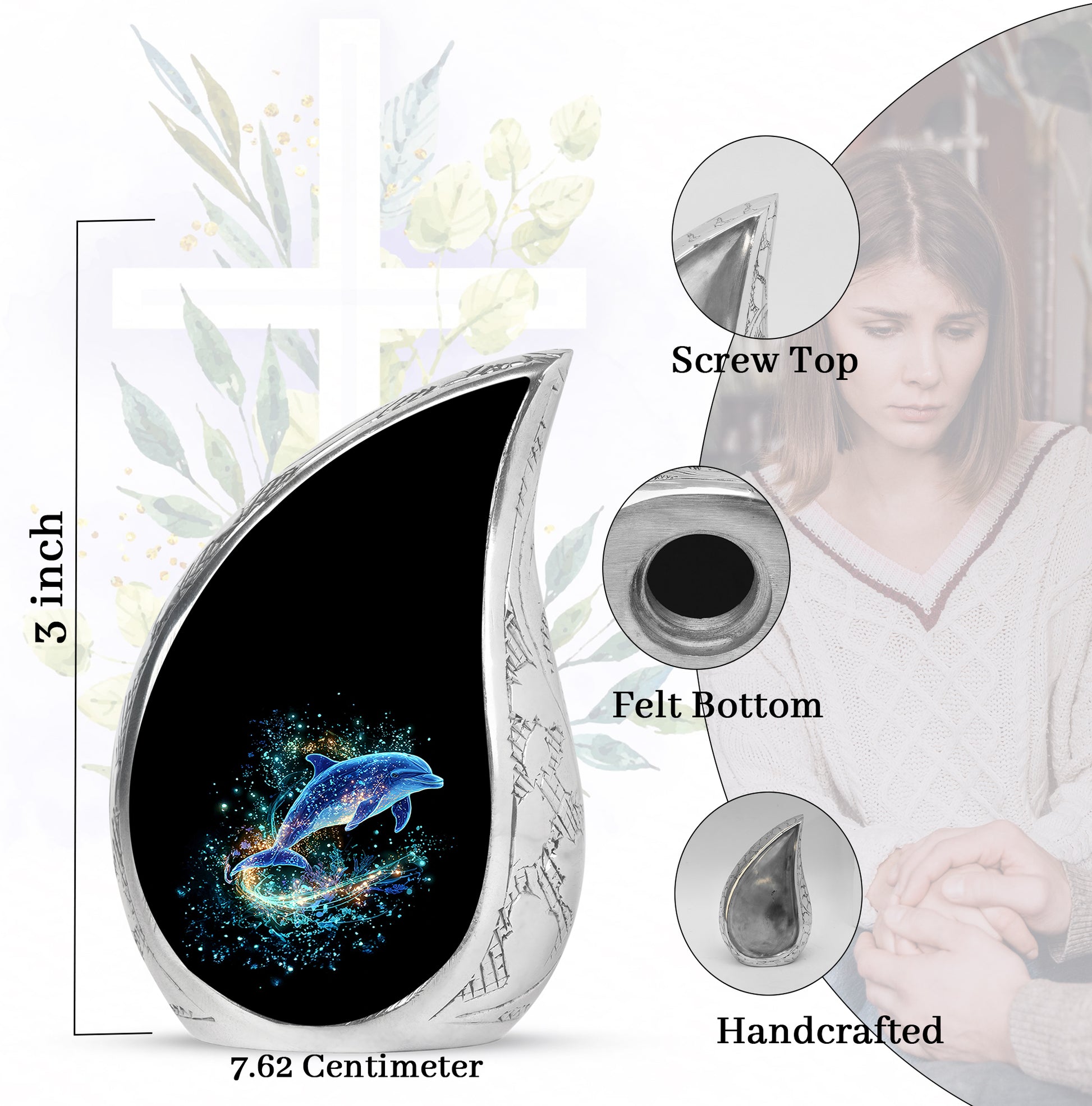 Deep Black Dolphin Cremation Urn angled view of lid and engraved motif - flowing teardrop dolphin silhouette on curved aluminum - mini keepsake memorial for portion of cremation ashes