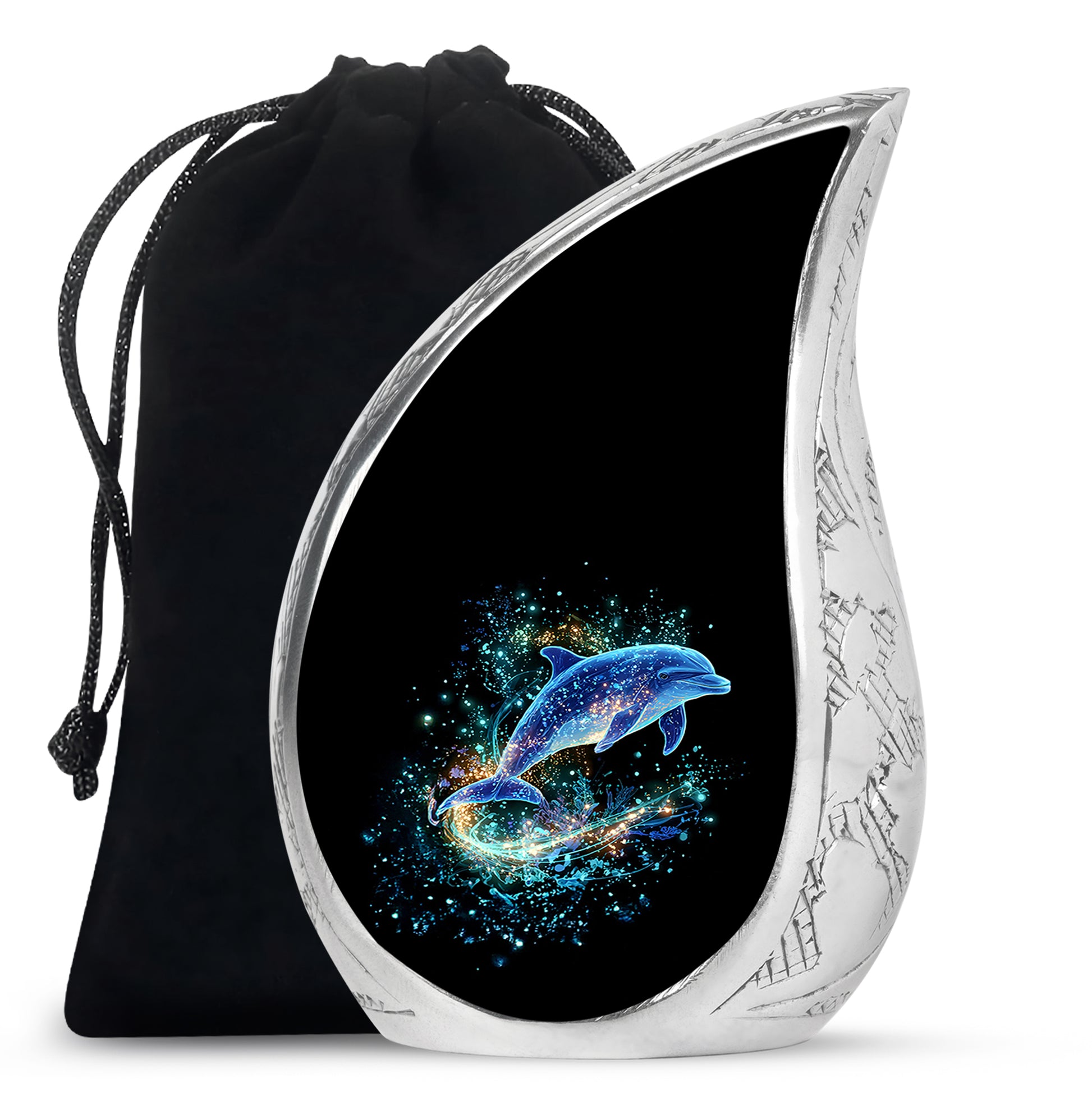 Obsidian Black Dolphin Cremation Urn front view showing detailed design - smooth teardrop contour featuring dolphin art - full-size 10 inch 200 cubic inch adult cremation urn
