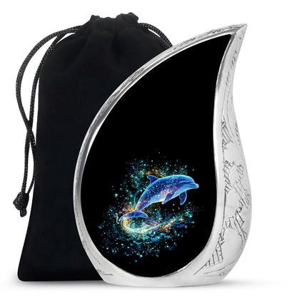 Obsidian Black Dolphin Cremation Urn front view showing detailed design - smooth teardrop contour featuring dolphin art - full-size 10 inch 200 cubic inch adult cremation urn